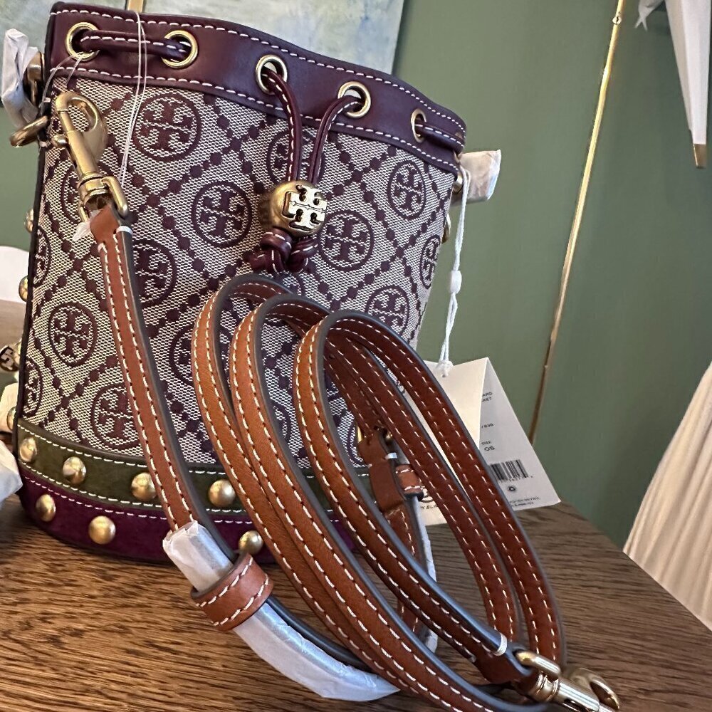 NWT! NEW Tory Burch T Monogram Jacquard Studded Mini Bucket Bag -multi leather - Picture 14 of 15